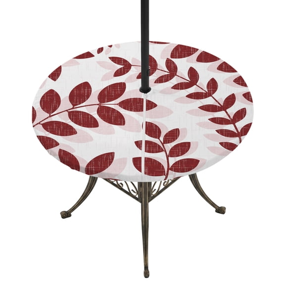 Round Outdoor Tablecloth with Umbrella Hole and Zipper, Burgundy Leaves Tablecloth with Elastic Waterproof, Summer Farmhouse Botanical Leaf Branch Patio Table Covers for 55" - 60" Picnic Pool Tables