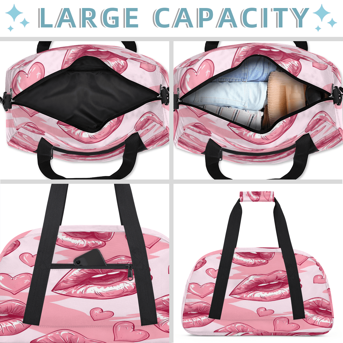 Herdesigns Lips Sports Duffle Bag for Women & Men, Pink Gym Bag Dance Bag Overnight Bag Carry On Weekender Travel Bag