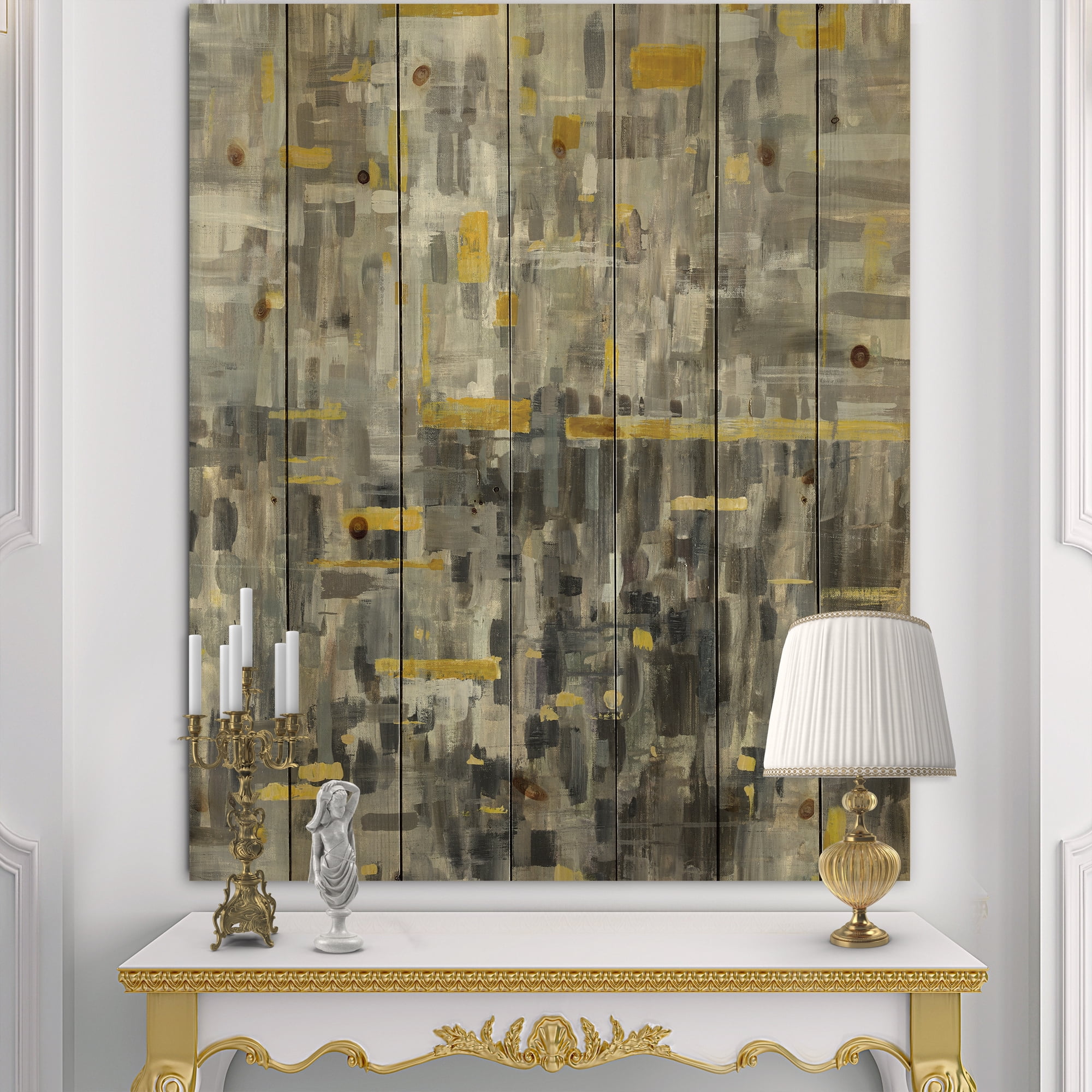 Designart 'Abstract Glam Gold Reflection' Modern & Transitional Print on Natural Pine Wood