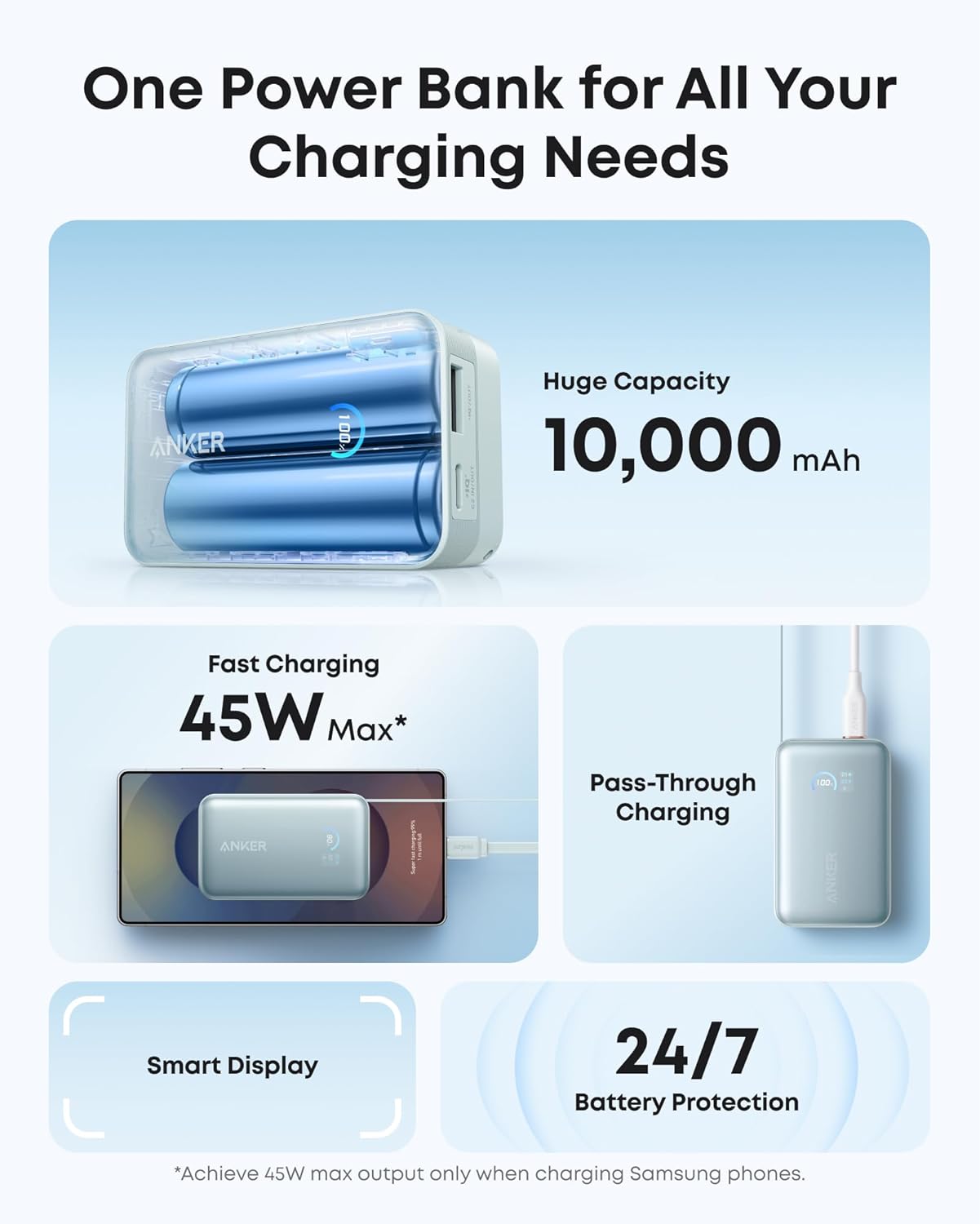 Anker Nano Power Bank, 10,000mAh Portable Charger with 2.3 ft InstaCord Retractable Cable, 45W Max Compact Battery Pack, Smart Display