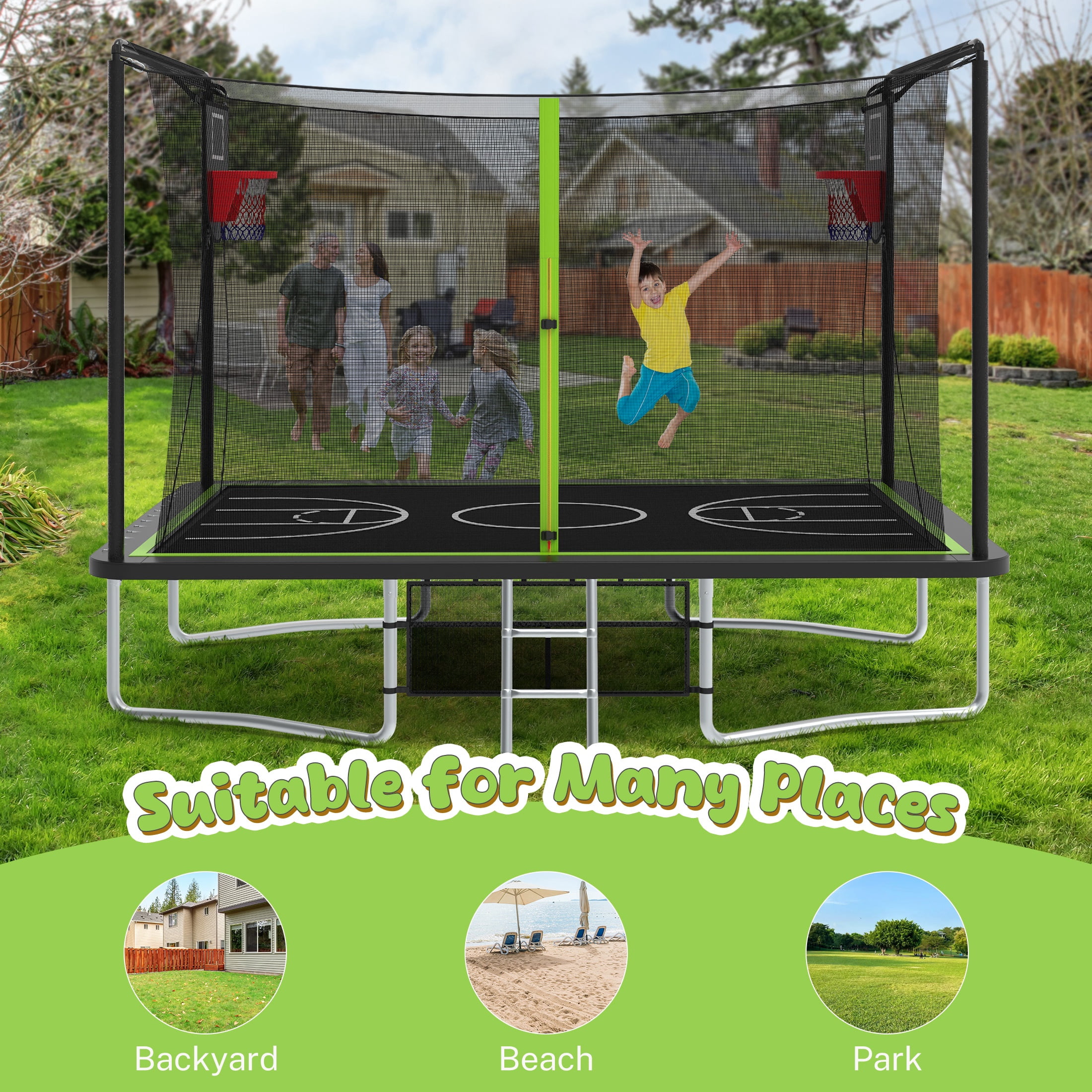 8 ×12FT Large Trampoline for Kids and Adults, SHINPT Outdoor trampoline with 2 Basketball Hoops, Big Trampoline with 360° Safety Net, Kids Trampoline Outdoor with Football Net with 1600LBS Capacity