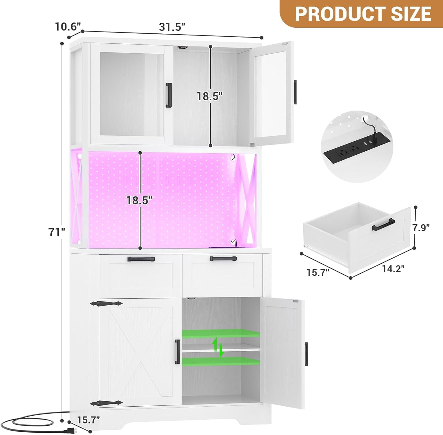 71" Tall Pantry Cabinet with Outlets and LED Light, Homieasy 5-Layer Storage Cabinet with 2 Drawers and DIY Pegboard for Kitchen, Dining, Living Room, Garage, White