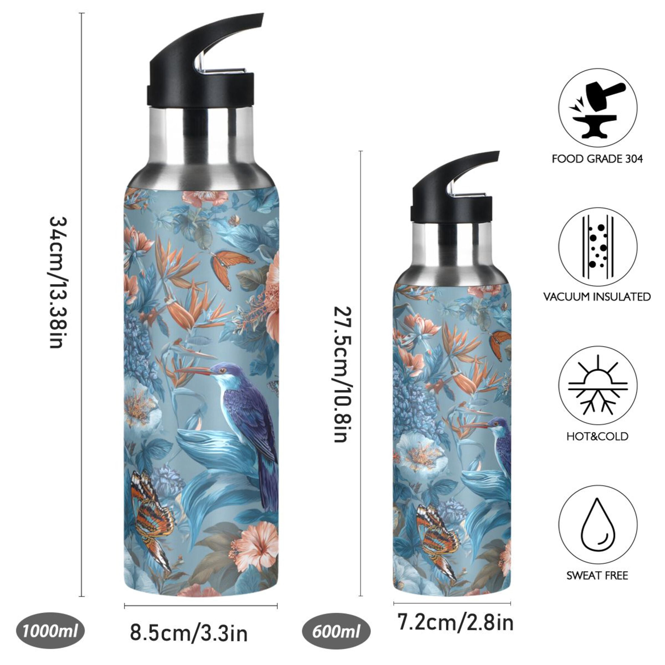 600ml Vacuum Insulated Sports Water Bottle with Foldable Straw Stainless Steel Portable Thermos Cup Birds and Flowers