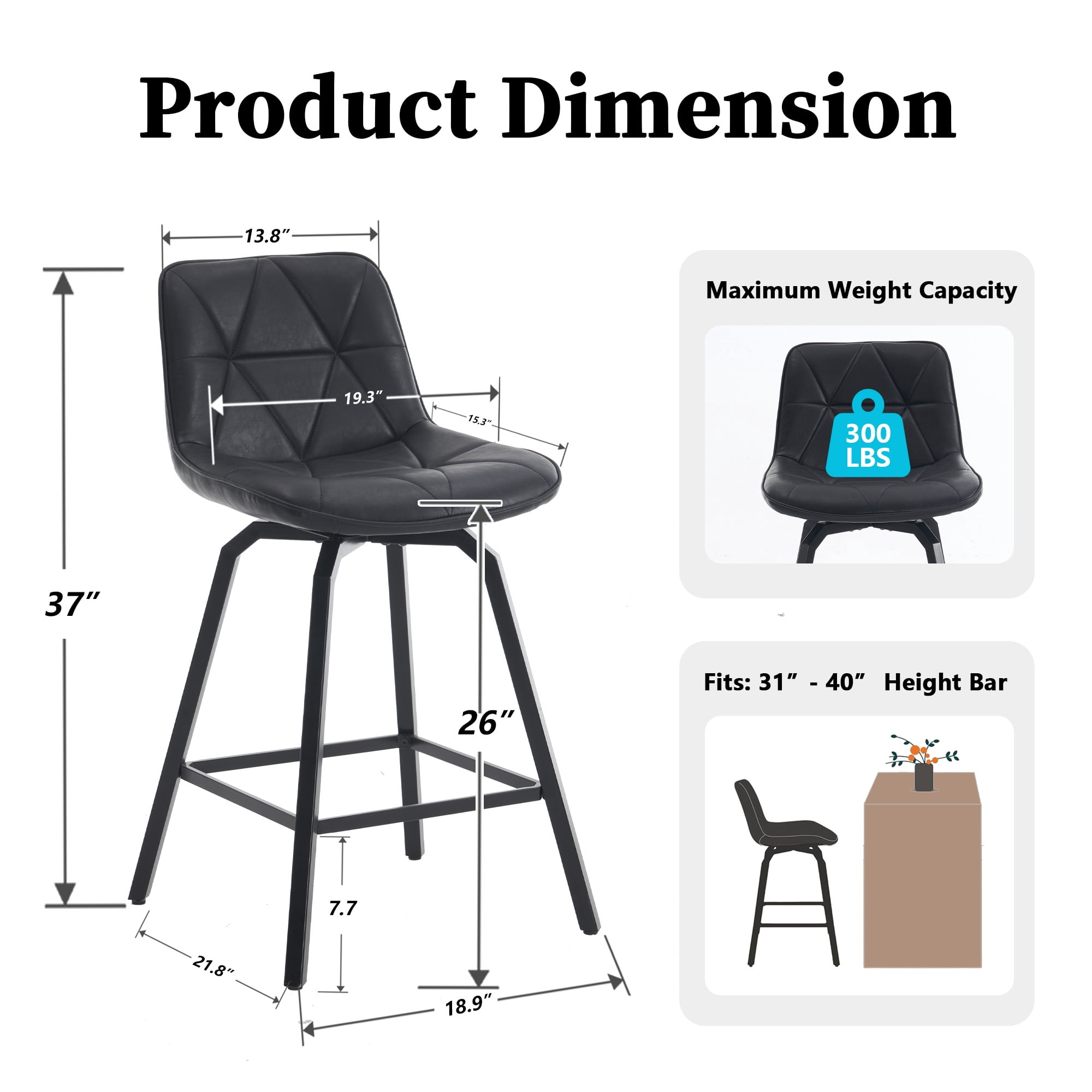 ClinQ 26 inch Swivel Counter Height Bar Stool Set of 3, Faux Leather Seat with Metal Legs and Back, Black