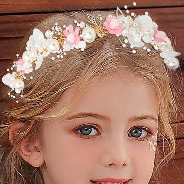 Campsis Diadema de novia con perlas rosas y flores para boda, accesorios para el pelo para niñas (rosa)