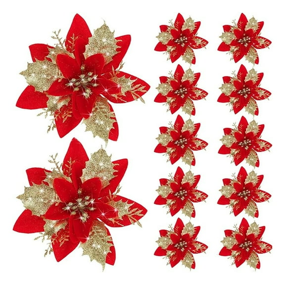 12Pcs Glitter Poinsettia Christmas Ornaments with Clips Stems Artificial Flowers for Xmas Tree Wedding Party Wreath Decoration