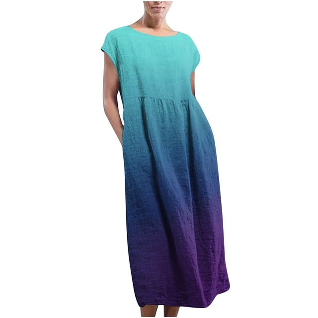 Yuyuzo Robes Décontractées pour Femmes Manches Cap Coton Lin Robe Maxi Col Ras du Cou Couleur Dégradée Longue Robe avec Poches