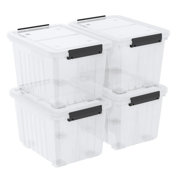 Vareone 4-Pack 50 Quart Plastic Storage Bin Box Organizing Container with Lid and Secure Latching Buckles, Stackable Wheeled Box, Clear