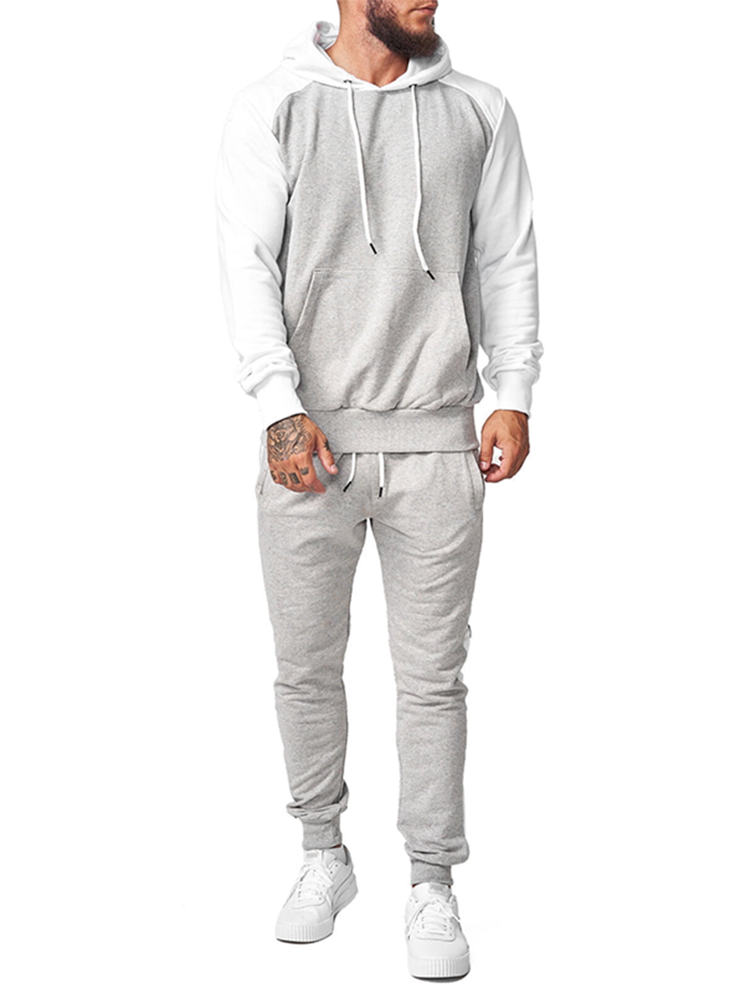 Mens 2Pcs Sweatsuit Hoodie Tracksuit Long Sleeve Hooded Pullover Elastic Sweatpants Casual Jogger Clothes Set 
