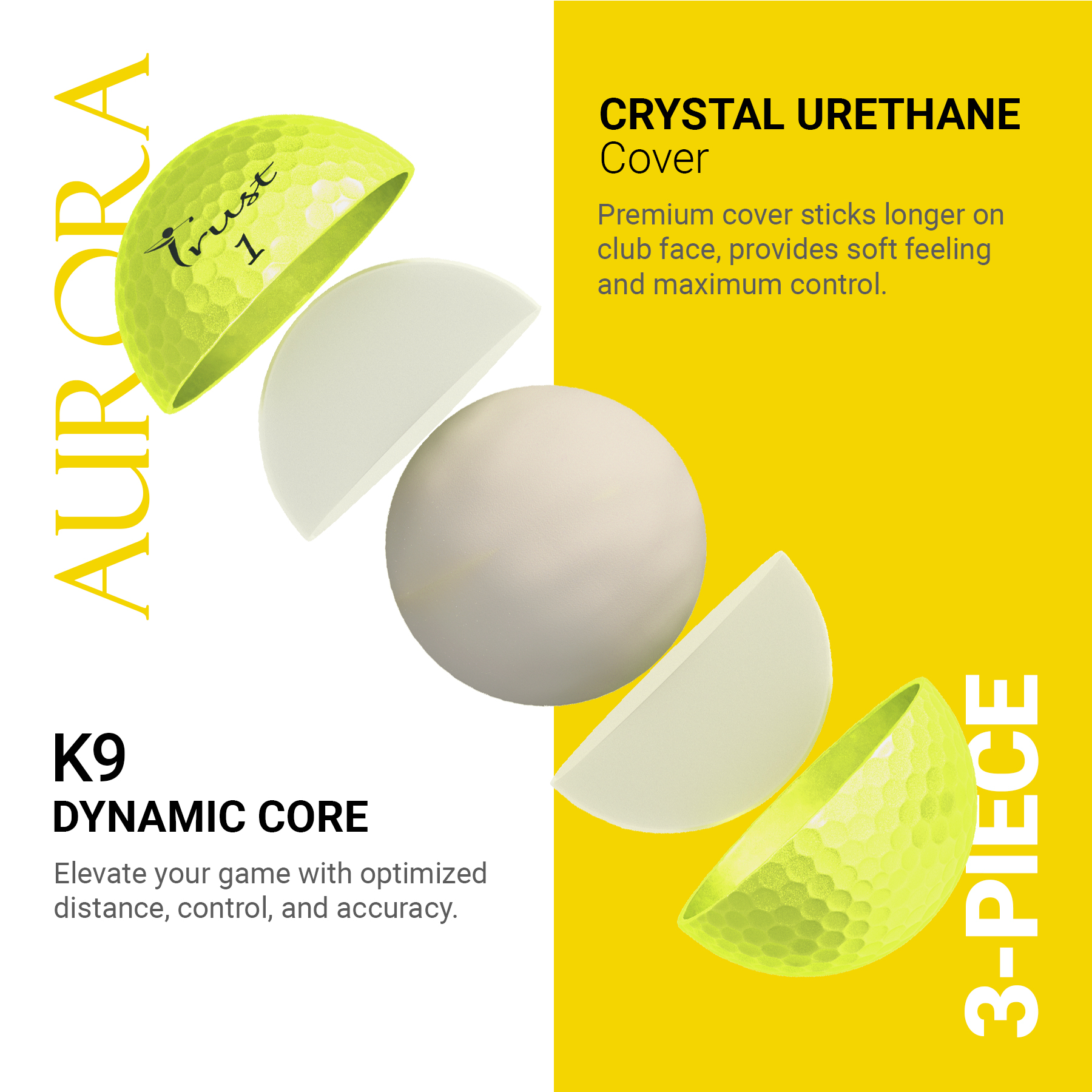 Trust Aurora Royal Yellow. Crystal Urethane Cover with Dynamic Core, 3 Piece Golf Ball, Soft Feeling (1 Dozen)