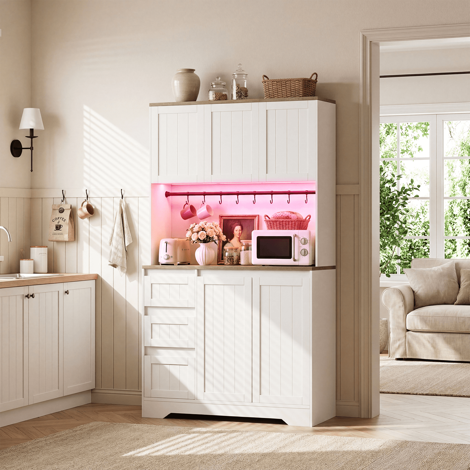 VIngud 71" Tall Pantry Cabinet with Charging Station, Large Capacity Kitchen Hutch Storage Cabinet, Kitchen Cabinet with Microwave Stand, Storage Drawers & Adjustable Shelves for Dining Room
