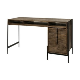 Medium Brown Wooden Writing Desk With 3 Drawers And 3 Open Shelves Medium Brown Wooden Writing Desk With 3 Drawers And 3 Open Shelves