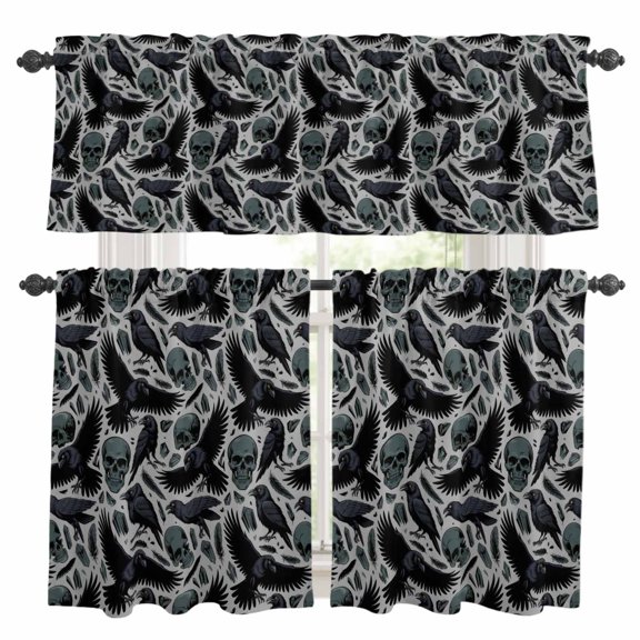 Teal Skull Halloween Kitchen Curtains Sets for Windows 36 Inch Length, Navy Blue Birds Retro Skeleton Rod Pocket Window Treatments Tier Curtains and Valances Set for Bedroom/Bathroom