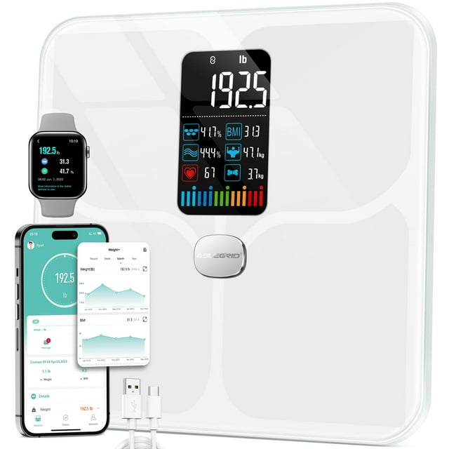 ABLEGRID Báscula Digital de Baño Inteligente y Precisa con Aplicación Bluetooth, Recargable, Blanca, Capacidad Para 400lb