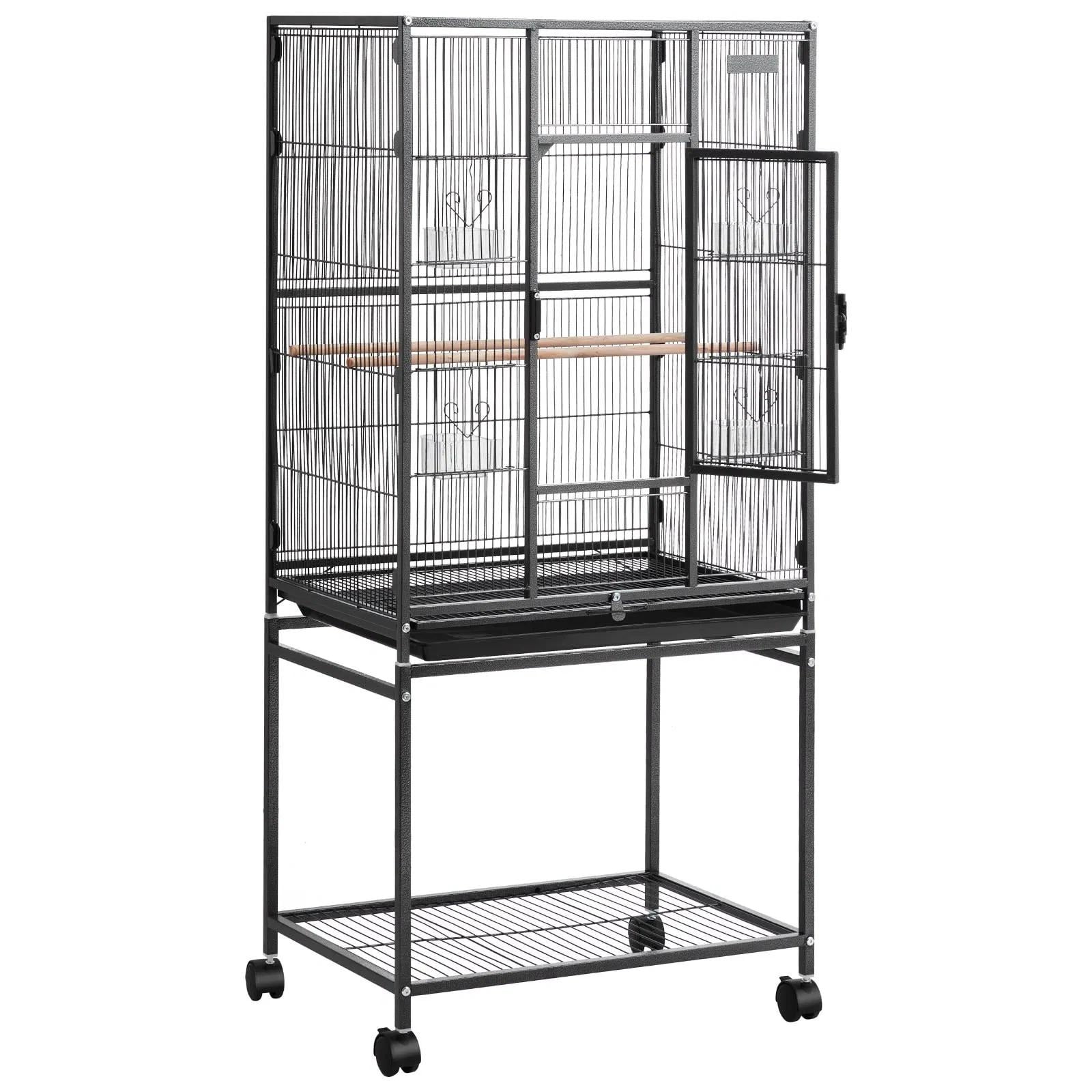Bird Cage Flat Top, Wrought Iron Bird Flight Cage with Perches, Slide-Out Tray and Plastic Feeders, Casters, for Parrot, Blue Tit, Cockatiel, Canary, Budgerigar, Conure