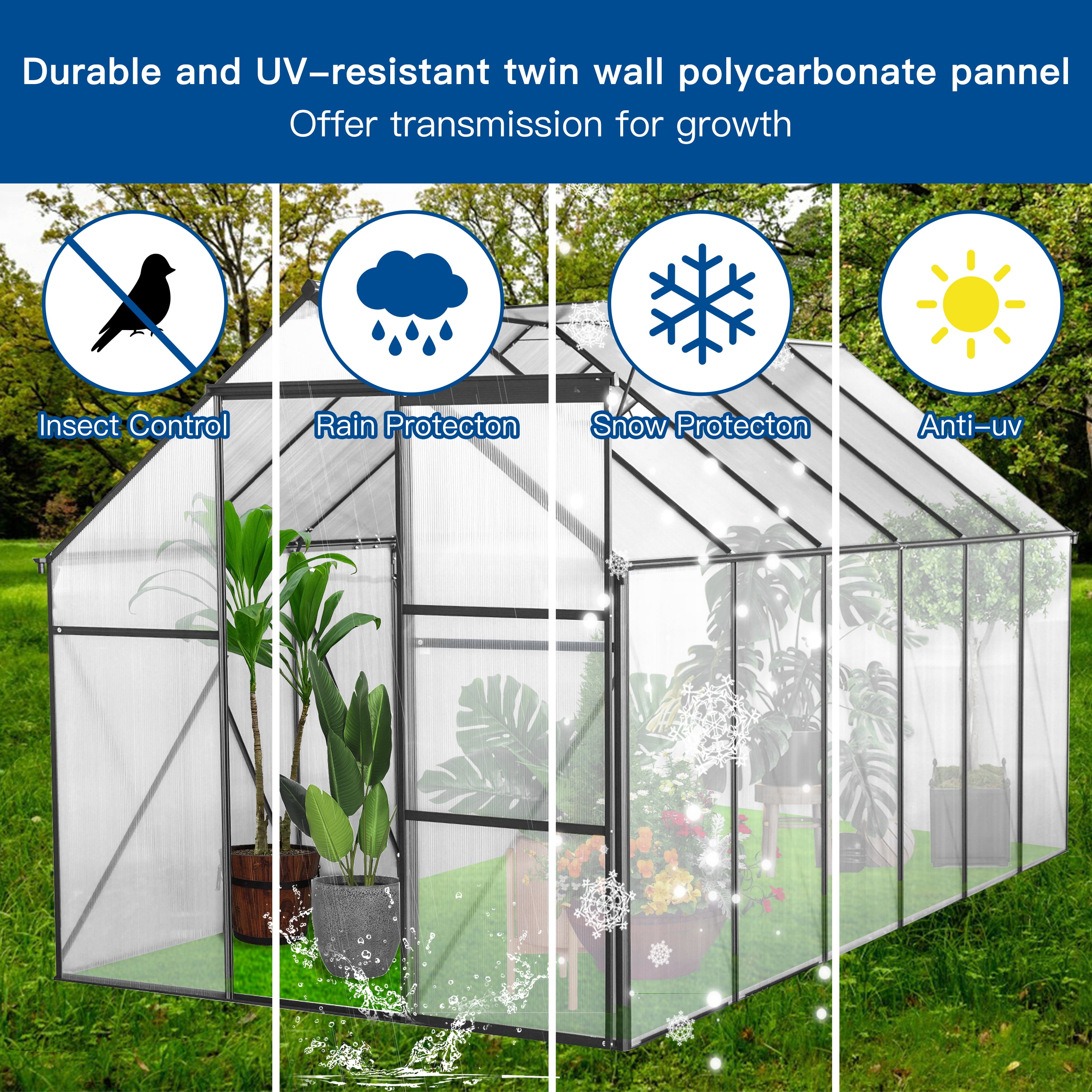 Witaxima 6x12 FT Polycarbonate Greenhouse with Raised Base, Aluminum Heavy Duty Walk-in Greenhouse for Outdoor Backyard, All Season Use, Black