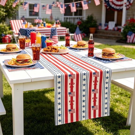 Hyknon 4th of July Table Runner Patriotic American Flag Red White Blue Table Runners Linen Kitchen Dining Table Decorations for Independence Day Memorial Day 250th Anniversary Party