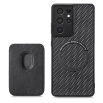 Cutyskin Carbon Fiber Texture PU Leather Case for Samsung Galaxy S21 Ultra, with Detachable Card Holder, Compatible Magsafe Charging, Ultra Thin Design Shockproof Phone Case for S21 Ultra, Black