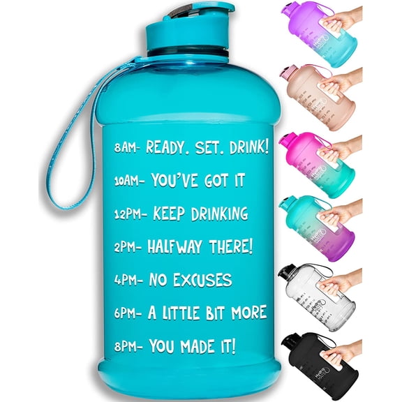 Half Gallon Water Bottle with Times to Drink Leak Proof Reusable Jug with Handle 64 oz