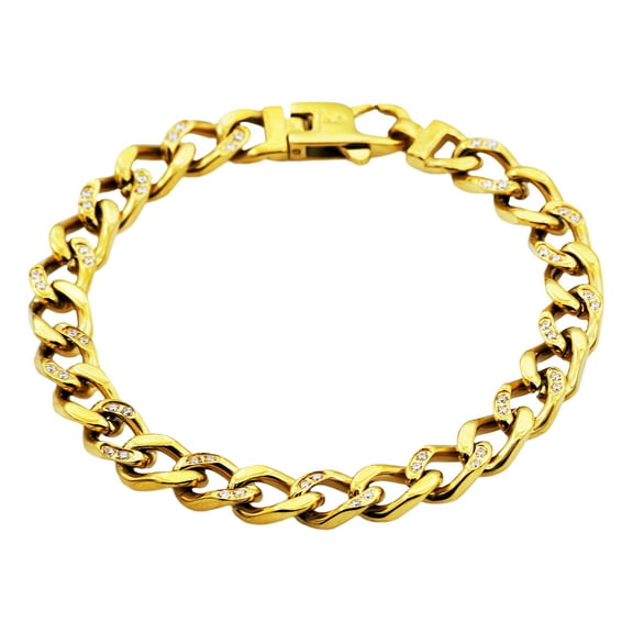 Arista Cubic Zirconia Diamonds Curb Link Chain Men's Bracelet in Gold Plated Stainless Steel, 8.5"