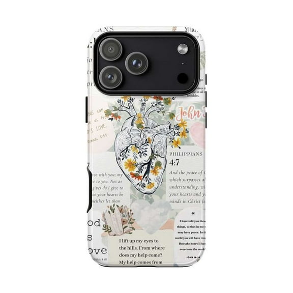 Christian Bible Verse Collage Phone Case, Philippians 4:7 Art with Blooming Heart Cover for iPhone 17 16 15 14 13 12 11