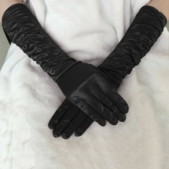 YOUSNH Women Solid Color Satin Pleated Vintage Wedding Multicolor Gloves Satin Party Gloves Womens Gloves Black One Size