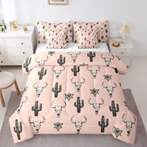 Feelyou Western Cactus Plant Bedding Comforter Set 7pcs for Kids, Tribal Sheep Skeleton Queen Bedding Sets, Bohemian Theme Queen Sheet Sets, Lightweight Room Decor