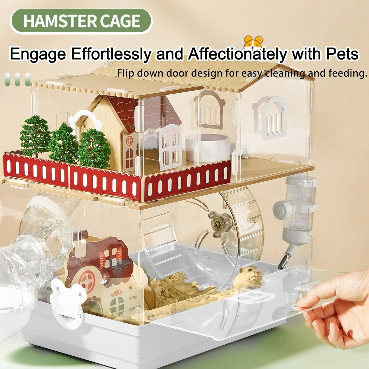 12 in 1 Clear Acrylic Hamster Cage with All Accessories,13.5''L* 10''W* 15''H Dwarf Hamster Cage,Magnetic Connection Small Hamster Enclosure,Garden Style Wooden Mouse Cage for Pet Mice