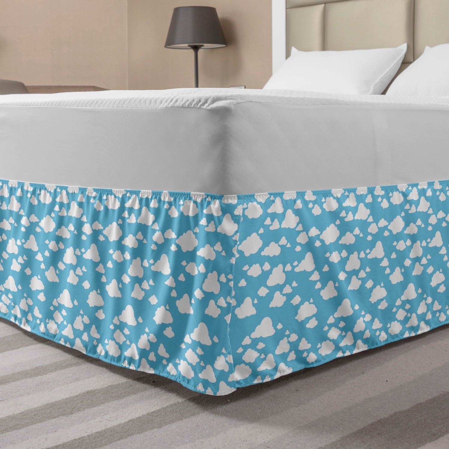 Blue Bed Skirt, Clear Summer Sky Pattern with Clouds Dotted Background