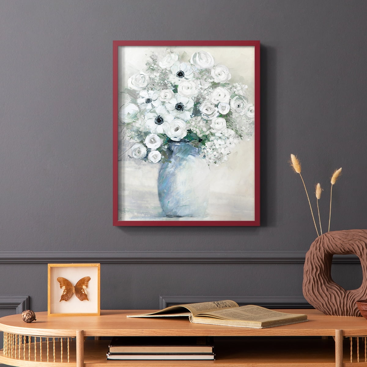 White Anemone Bouquet Framed Print in Red Solid Wood 8 x 10 Framed Print