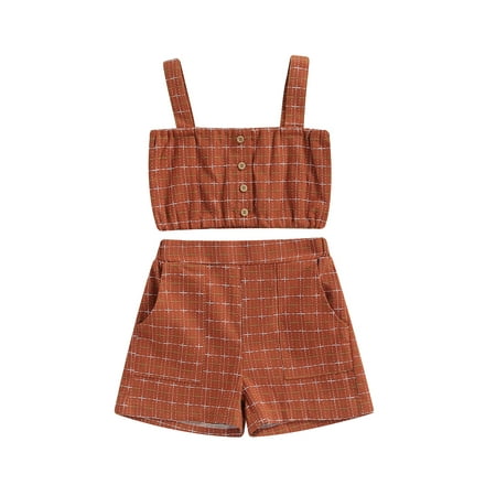 

Canrulo Toddler Baby Girls 2Pcs Clothes Button Plaids Sleeveless Strap Tank Crop Tops Elastic Waist Shorts Outfits Brown 3-4 Years