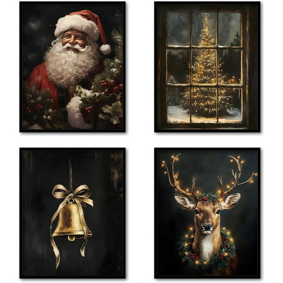 Hieng Vintage Christmas Tree Wall Art Poster Decor, Candy Cane Painting Pictures Decor Wall Art, Rustic Christmas Decorations for Bedroom Bathroom Living Room Office, Unframedin Set of 4