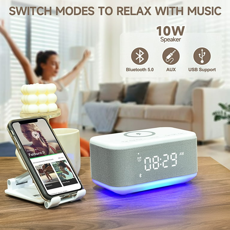 Fansbe Tech Vibrating Alarm Clock with Wireless Charger Bluetooth Speakers  Dimmable Night Light Gray