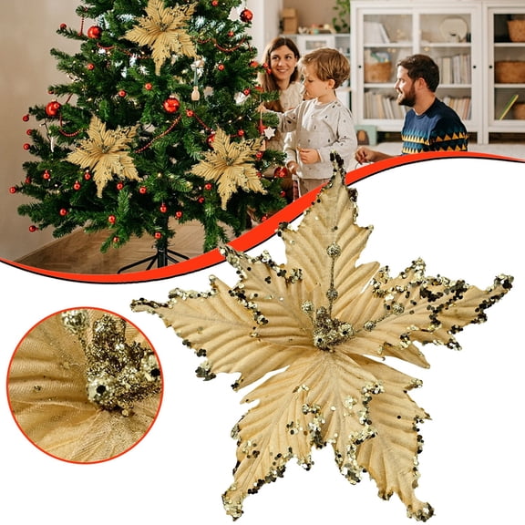 12 Inch Artificial Poinsettia Christmas Glitter Flower with Metal Clip, Sparkling Xmas Tree Floral Ornament, Holiday Decor for Christmas Tree, Wreath, Garland, Mantel & Table