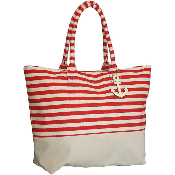 Large Zipper Top Stripe Canvas Look Beach Bag Tote - 22&quot;x15&quot;x6&quot; - 0 - 0