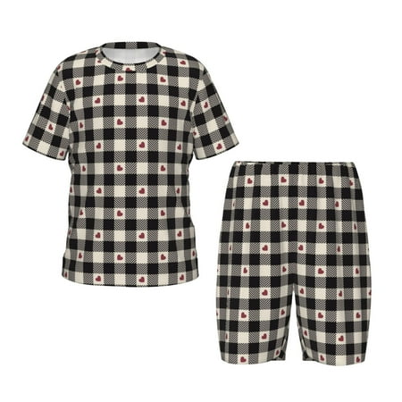 Ocsxa Black Plaid Heart for Kid s Short-Sleeved Pajamas Set Summer Short Set for Children Round Neck Pjs Set 2pcs Toddler Clothes Fit for Boys & Girls-Small