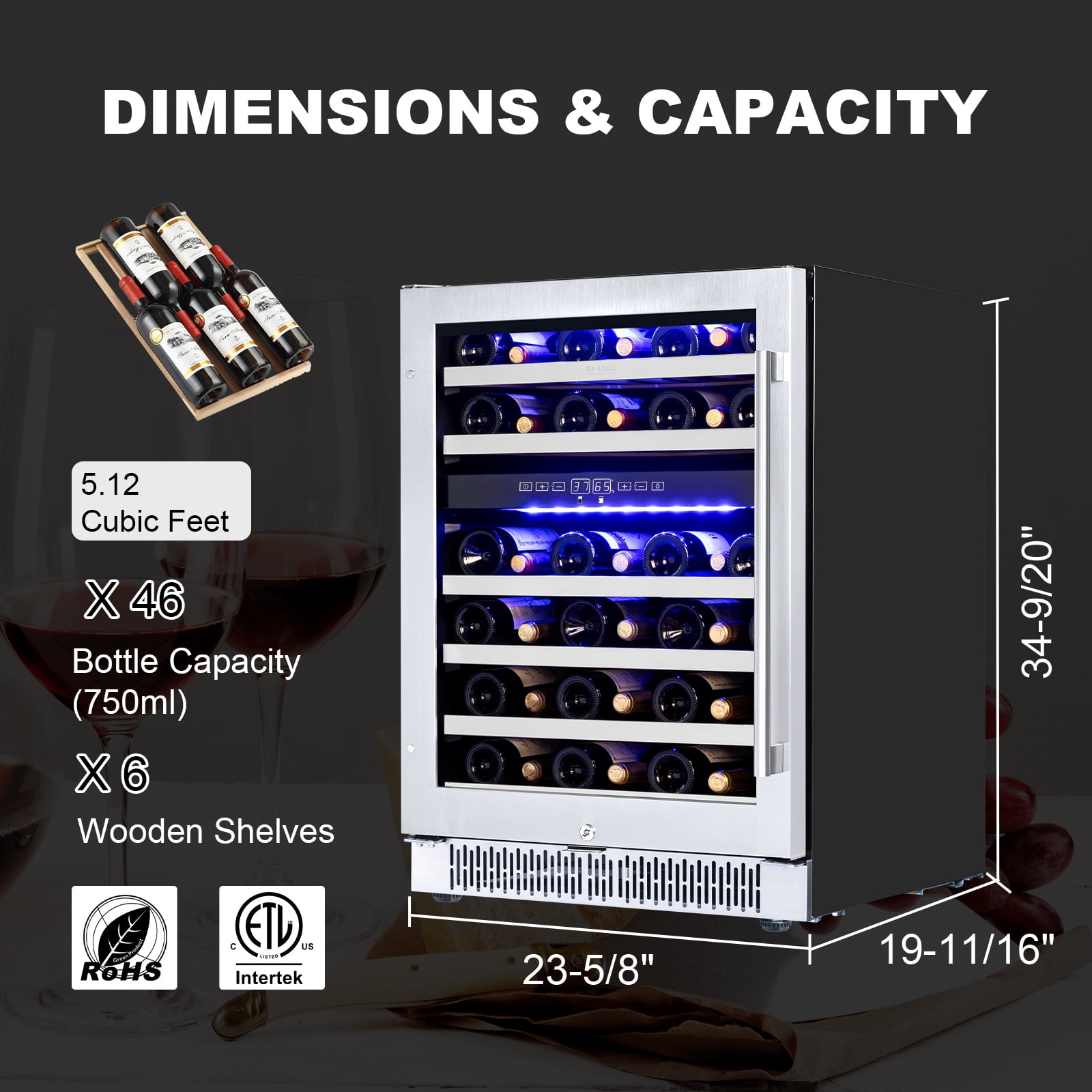 Luchar Wine Fridge 24 Inch, 46 Bottles Wine Fridge Cooler with Temperature Memory & Touchscreen Design, Double UV Glass Door and Removable shelves