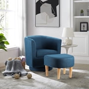 Lohoms Modern Wood Linen Fabric Sponge Solid Print Swivel Armchair with Ottoman and Footstool, Blue