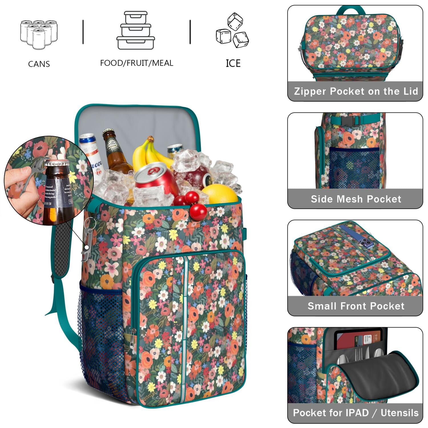 Travel Cooler Bag - Pioneer Flower Floral Print Pattern Camping Beer Cooler Backpack with Bottle Opener- Waterproof Insulated Picnic Backpacks - Cooler Bag for Beach