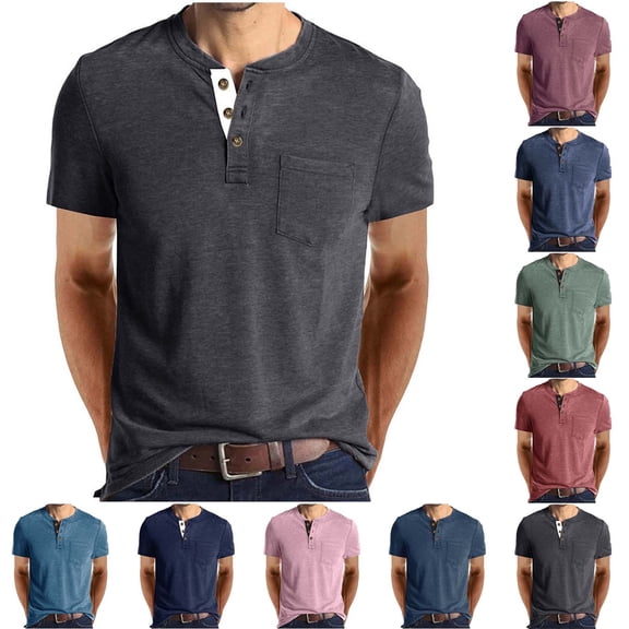 WIZUTIZ Men's Long/Short Sleeve Henley Shirt, Soft Cotton Pocket Crew Tee Classic Men Shirts Casual Henley T-Shirt for Golf Daily Wear