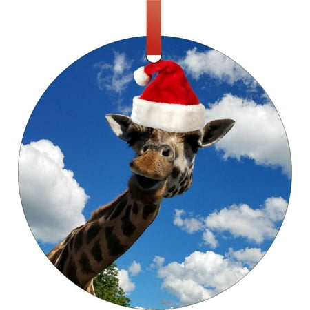 Giraffe in the Sky a Santa Claus Hat Double Sided Round Shaped Flat Aluminum Glossy Christmas Ornament Tree Decoration - Walmart.com