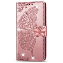 For Samsung Galaxy S25 Ultra Wallet Phone Case,Flip Folding Kickstand,With Wrist Strap,Card Slots,Luxury Diamond Butterfly&Flower Embossing PU Leather Shockproof Anti-fall Phone Case,Rosegold