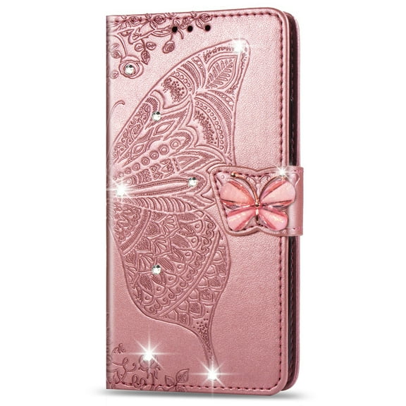 For iPhone 16 Pro Max Wallet Phone Case,Flip Folding Kickstand,With Wrist Strap,Card Slots,Luxury Diamond Butterfly&Flower Embossing PU Leather Shockproof Anti-fall Phone Case,Rosegold