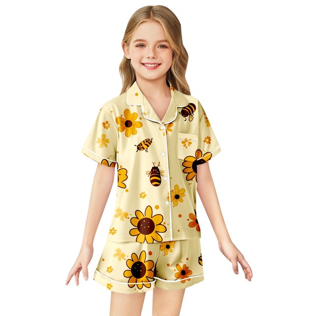 SXcggal Ensemble de Pyjama Imitation Soie Imprimée pour Filles, Manches Courtes, Mignon, Confortable, Léger, pour Enfants, Usage Quotidien