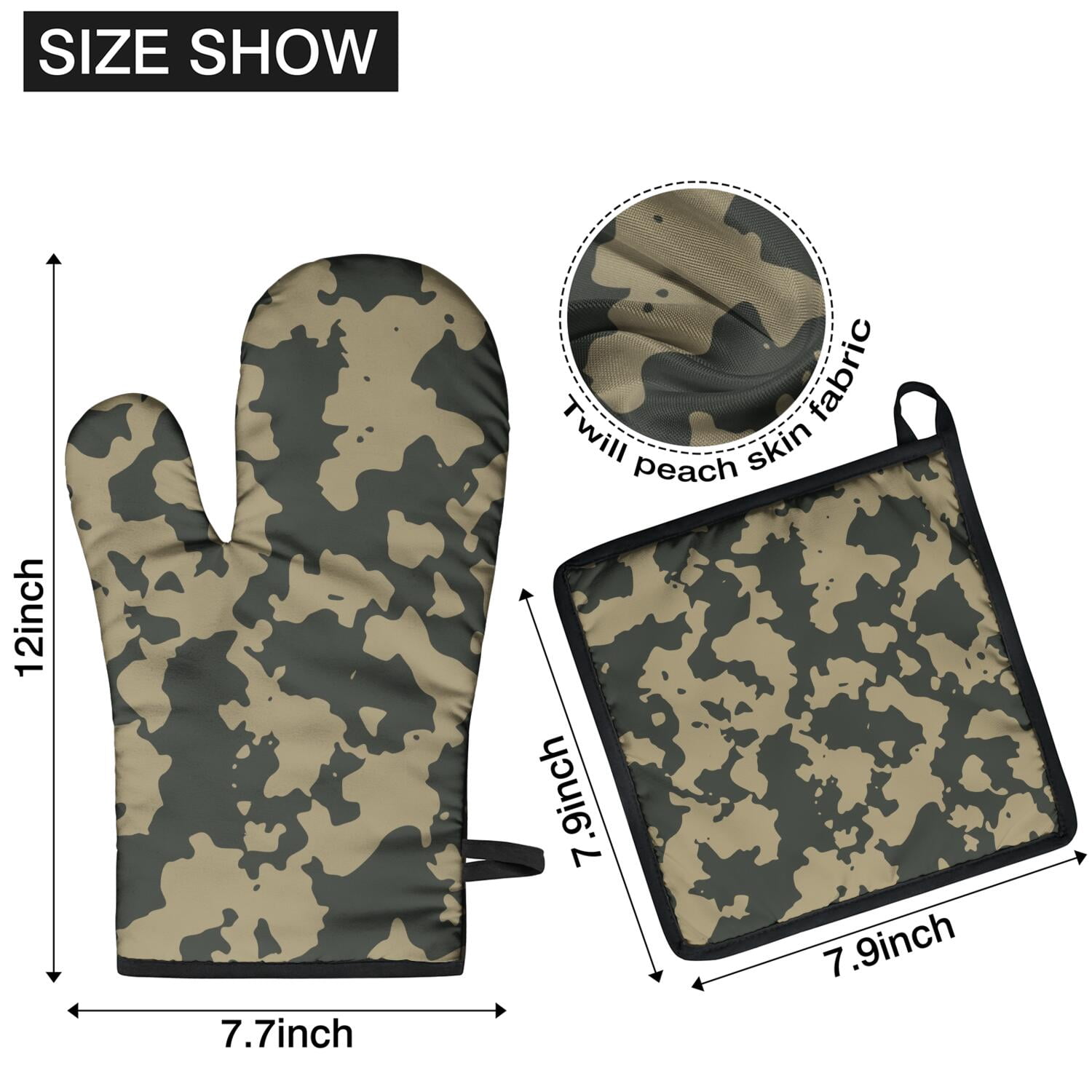 Camouflage Oven Mitts and Pot Holders Set Of 4, Heat Resistant Kitchen Gloves with Non-Slip Grip, Hanging Loop, Soft Cotton Lining for Baking, Cooking, Grilling, Barbecue