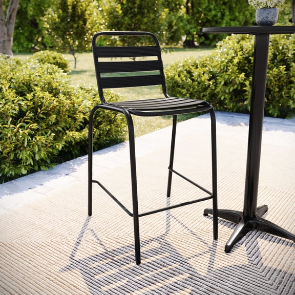 BizChair Stacking Triple Slat Back Bar Height Bar Stool, Black