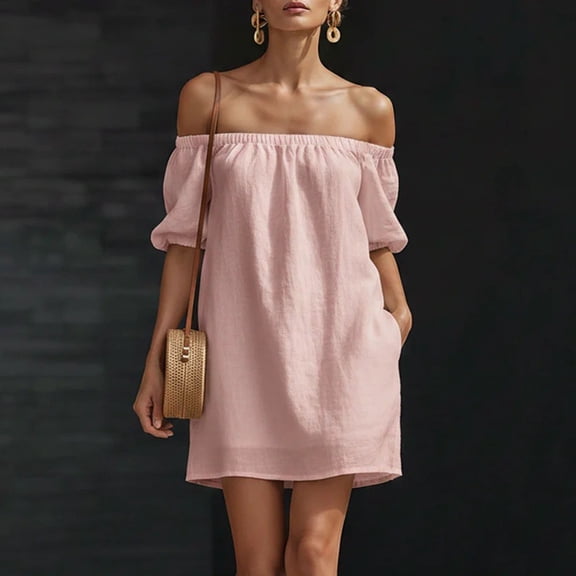 Uscallm Women's Off Shoulder Short Sleeve High Low Mini Dresses Flowy Boho Solid Casual Swing Loose Beach Vacation Dress, Pink S