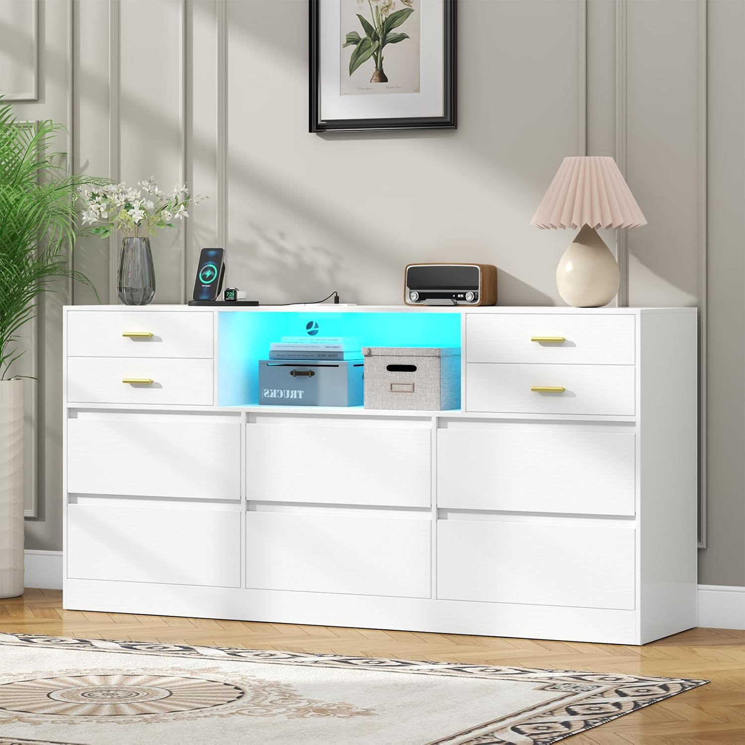 10-Drawer White Dresser with Charging Station and LED Lights, 58" Triple Wide TV Stand for TVs up to 65", Large Organizer with Open Cubby – STIKELY