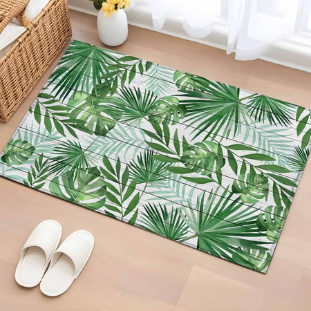 Rectangle Area Rug 2x3ft Tropical Plant Farm Wood Grain Non-Slip Non-Shedding Floor Mat Green Monstera Leaves Washable Sturdy Carpet for Living Room Bedroom Home Decor