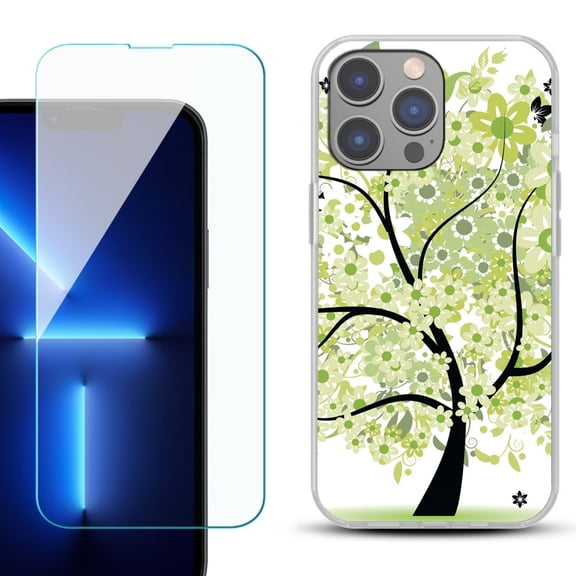 Slim-Fit Gel TPU Phone Case for iPhone 14 Pro Max, with Tempered Glass Screen Protector, by OneToughShield ® - Green Tree